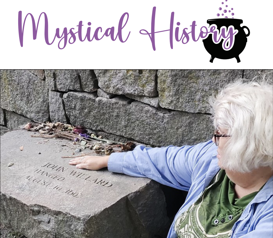 South Campus instructor Yvonne Jocks touches the gravestone of John Willard, who married into her family and was accused of witchcraft in Salem, Massachusetts.